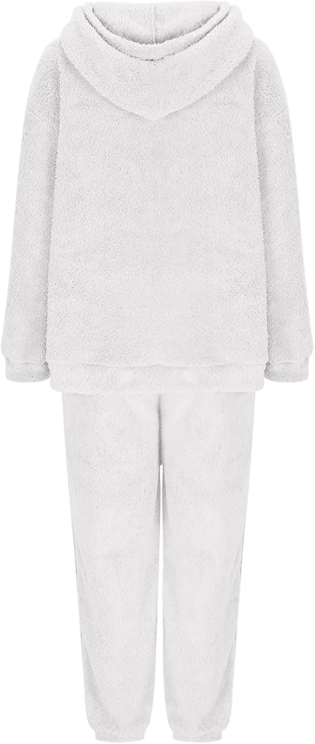 2 Piece Fuzzy Fleece Outfits for Women Warm Hoody Pullover and Sweatpant Plush Pajama Sets Winter Lounge Set Homewear