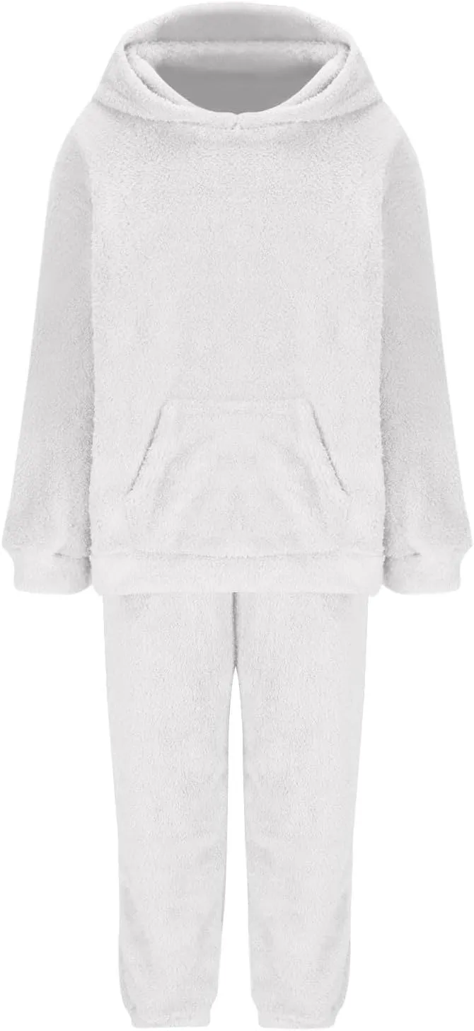 2 Piece Fuzzy Fleece Outfits for Women Warm Hoody Pullover and Sweatpant Plush Pajama Sets Winter Lounge Set Homewear