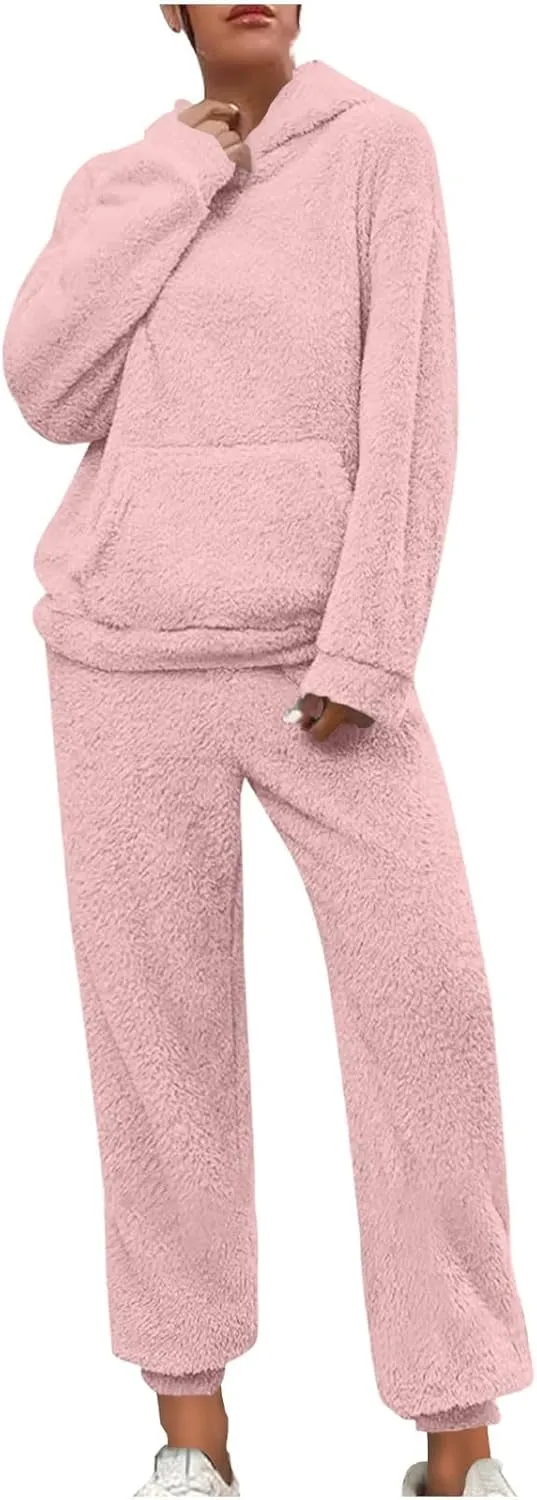 2 Piece Fuzzy Fleece Outfits for Women Warm Hoody Pullover and Sweatpant Plush Pajama Sets Winter Lounge Set Homewear