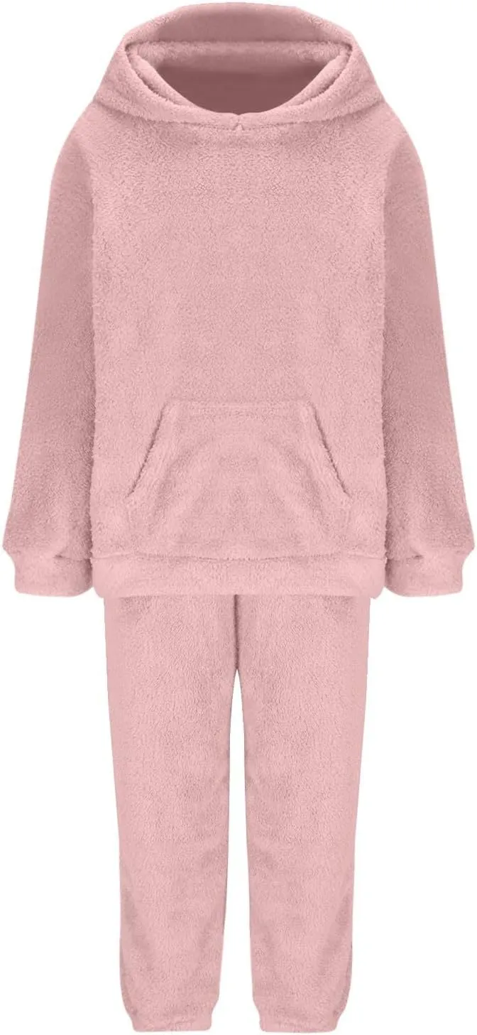 2 Piece Fuzzy Fleece Outfits for Women Warm Hoody Pullover and Sweatpant Plush Pajama Sets Winter Lounge Set Homewear