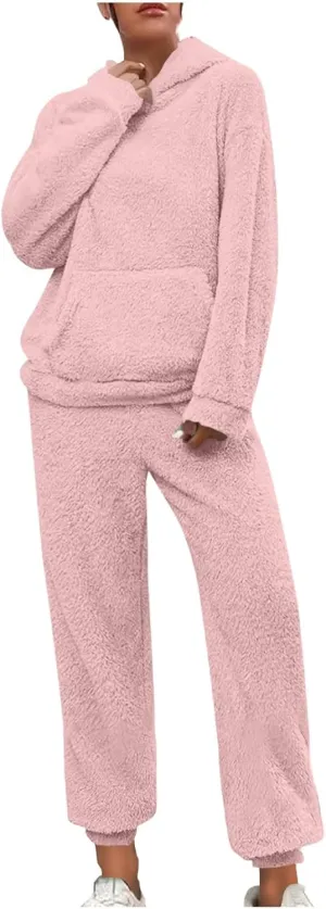 2 Piece Fuzzy Fleece Outfits for Women Warm Hoody Pullover and Sweatpant Plush Pajama Sets Winter Lounge Set Homewear