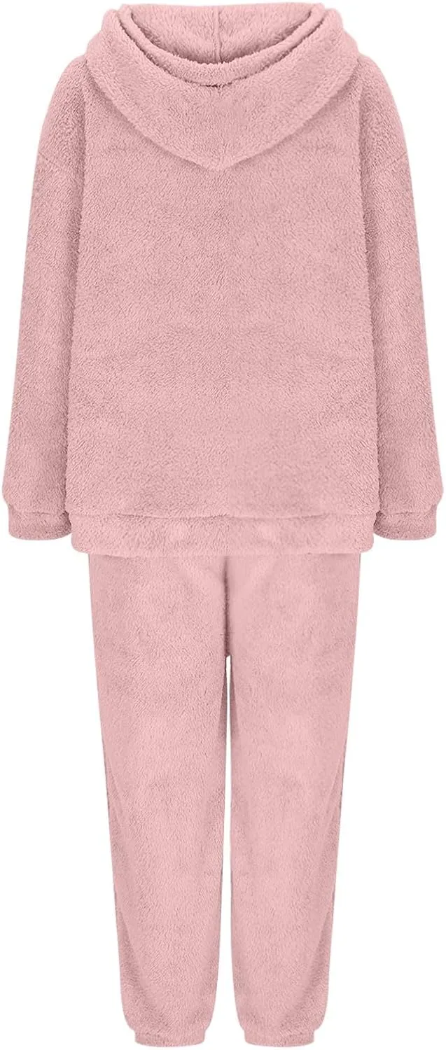 2 Piece Fuzzy Fleece Outfits for Women Warm Hoody Pullover and Sweatpant Plush Pajama Sets Winter Lounge Set Homewear