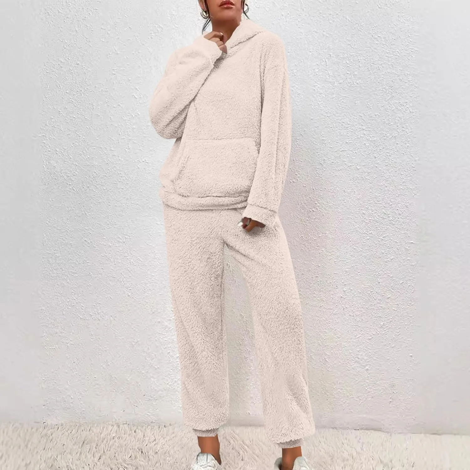 2 Piece Fuzzy Fleece Outfits for Women Warm Hoody Pullover and Sweatpant Plush Pajama Sets Winter Lounge Set Homewear