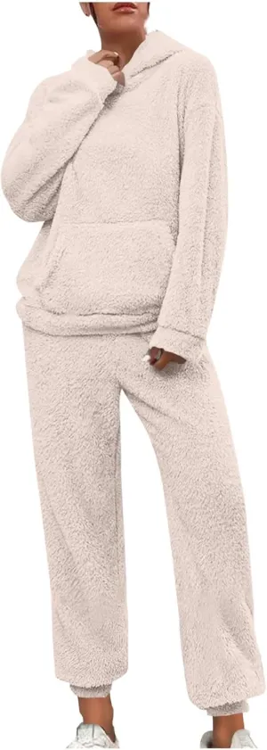 2 Piece Fuzzy Fleece Outfits for Women Warm Hoody Pullover and Sweatpant Plush Pajama Sets Winter Lounge Set Homewear