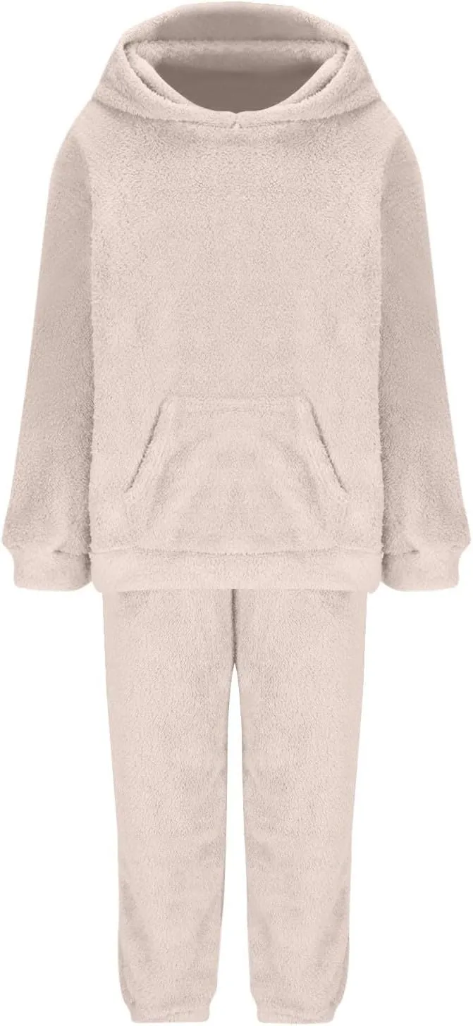 2 Piece Fuzzy Fleece Outfits for Women Warm Hoody Pullover and Sweatpant Plush Pajama Sets Winter Lounge Set Homewear