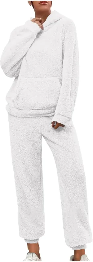 2 Piece Fuzzy Fleece Outfits for Women Warm Hoody Pullover and Sweatpant Plush Pajama Sets Winter Lounge Set Homewear
