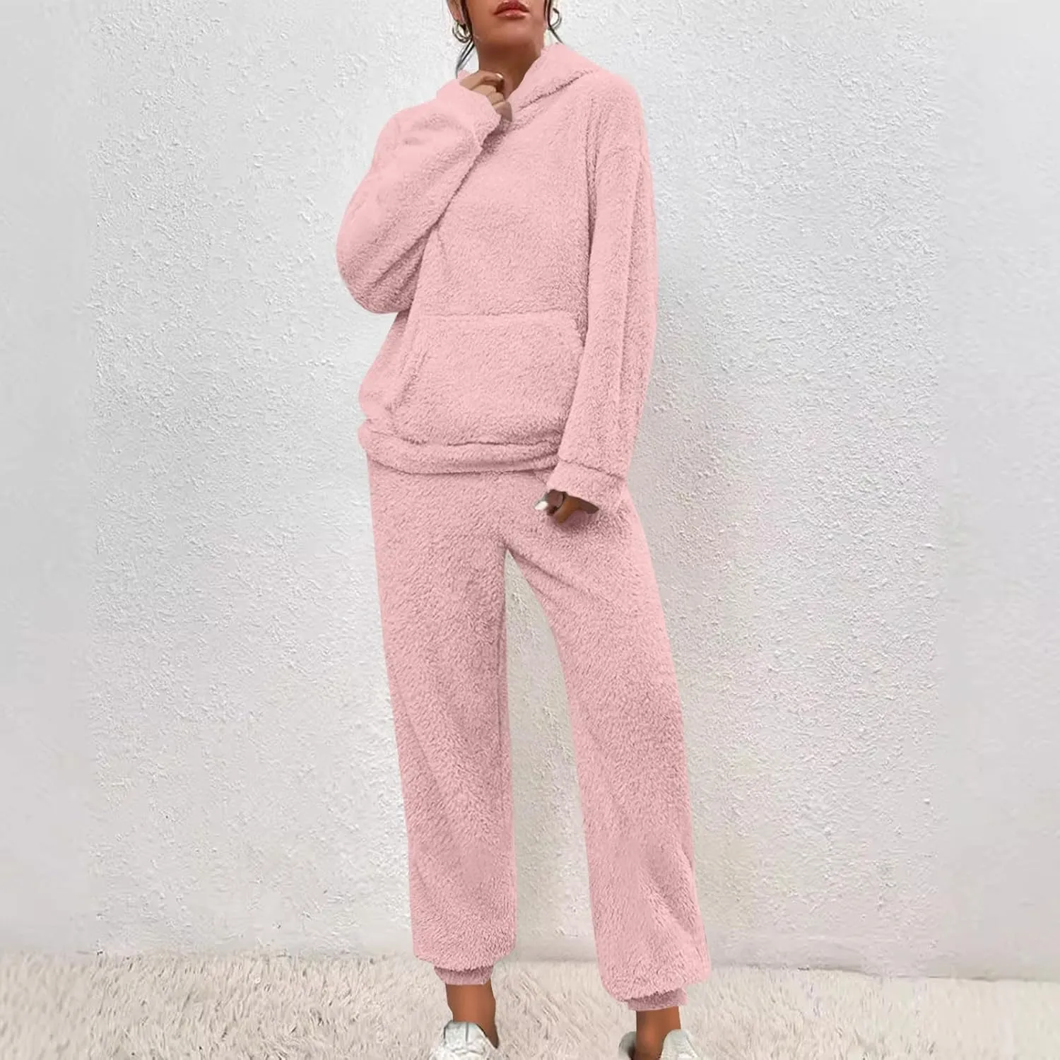2 Piece Fuzzy Fleece Outfits for Women Warm Hoody Pullover and Sweatpant Plush Pajama Sets Winter Lounge Set Homewear