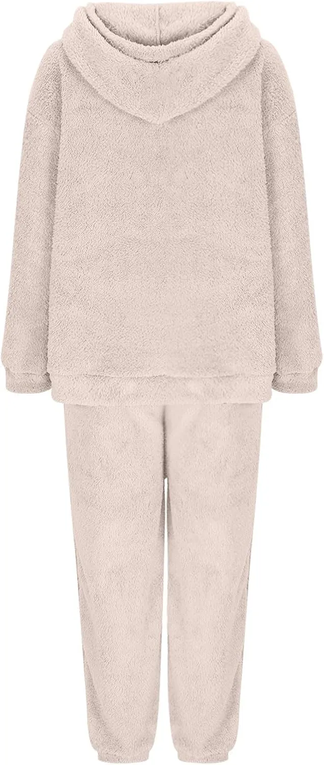 2 Piece Fuzzy Fleece Outfits for Women Warm Hoody Pullover and Sweatpant Plush Pajama Sets Winter Lounge Set Homewear