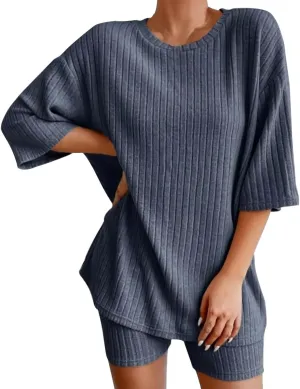 2 Piece Pajamas for Women Lounge Sets Ribbed Knit Matching Outfits Biker Shorts Sleepwear Loungewear Sweatsuits