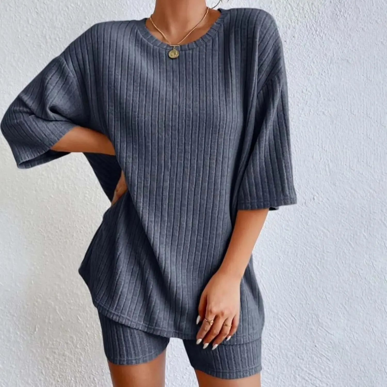 2 Piece Pajamas for Women Lounge Sets Ribbed Knit Matching Outfits Biker Shorts Sleepwear Loungewear Sweatsuits