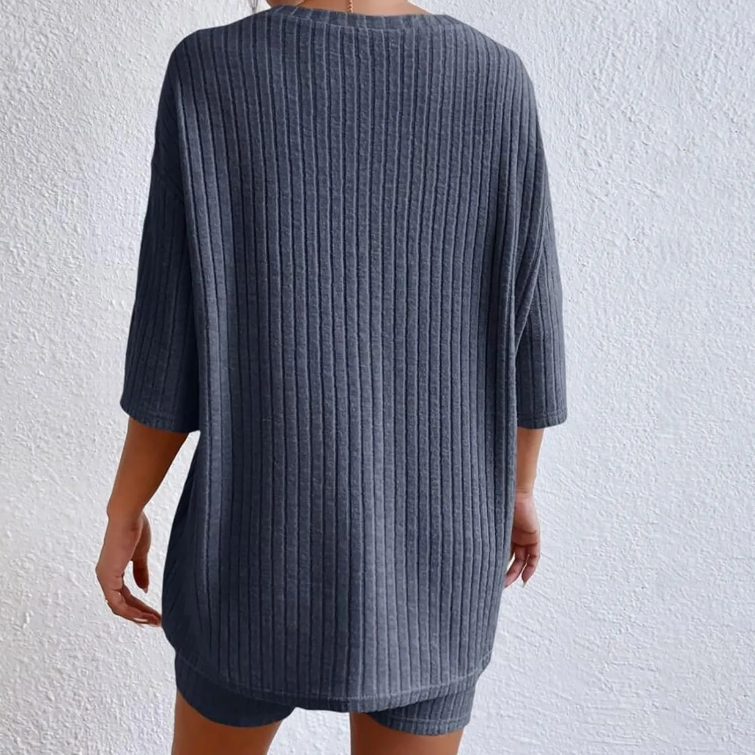 2 Piece Pajamas for Women Lounge Sets Ribbed Knit Matching Outfits Biker Shorts Sleepwear Loungewear Sweatsuits