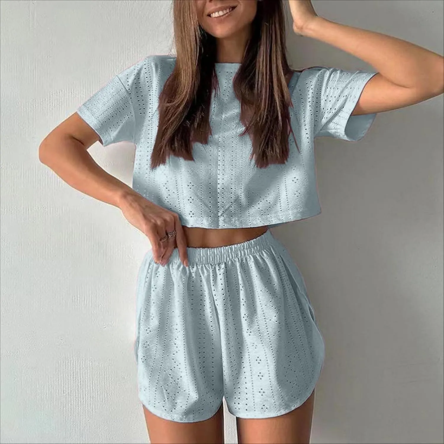 2 Piece Short Sets for Women Sexy Hollow Out Round Neck Short Sleeve Crop Tops Elastic Waist Shorts Outfit Tracksuit