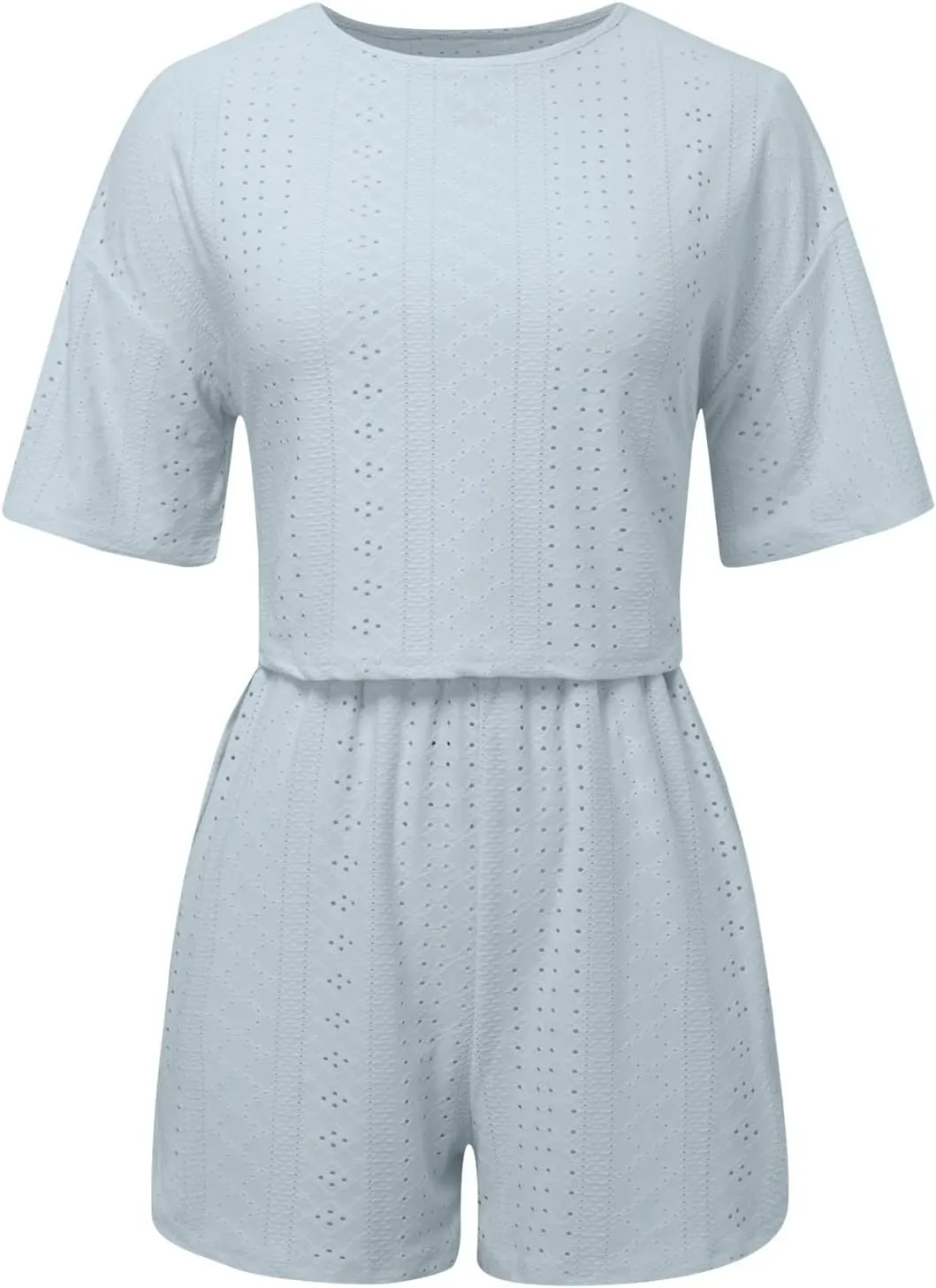 2 Piece Short Sets for Women Sexy Hollow Out Round Neck Short Sleeve Crop Tops Elastic Waist Shorts Outfit Tracksuit