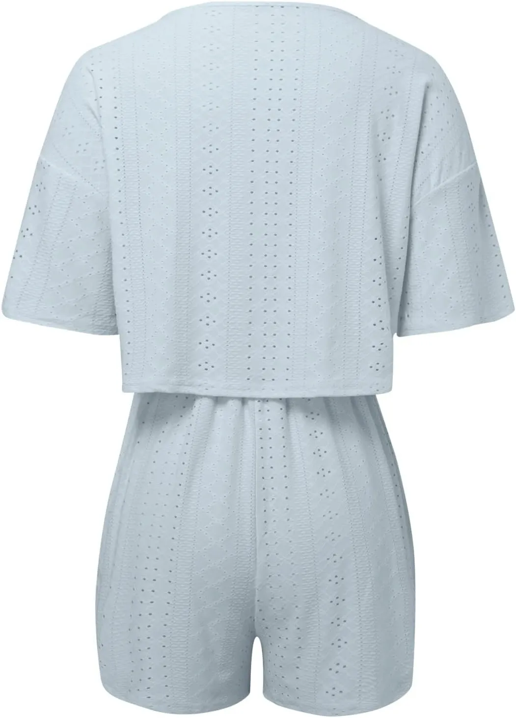 2 Piece Short Sets for Women Sexy Hollow Out Round Neck Short Sleeve Crop Tops Elastic Waist Shorts Outfit Tracksuit