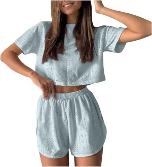 2 Piece Short Sets for Women Sexy Hollow Out Round Neck Short Sleeve Crop Tops Elastic Waist Shorts Outfit Tracksuit