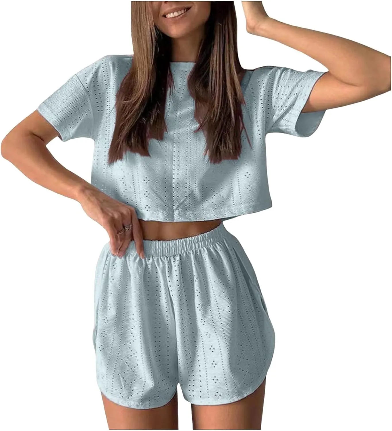 2 Piece Short Sets for Women Sexy Hollow Out Round Neck Short Sleeve Crop Tops Elastic Waist Shorts Outfit Tracksuit