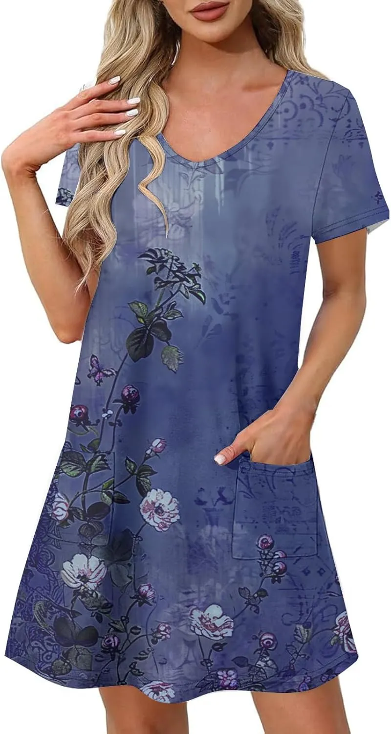 2025 Beach Dresses for Women Short Sleeve V Neck Summer Shirt Dress Loose Fit Casual Sundress