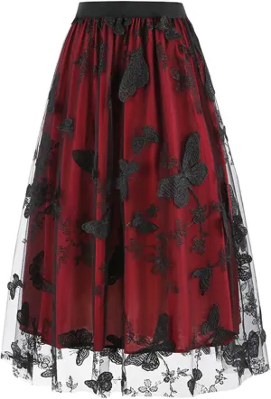 A Line Skirt for Women Retro Mesh Embroidery Tulle Skirts Fashion Elegant Floral Puffy Skirt Pleated Swing Skirts