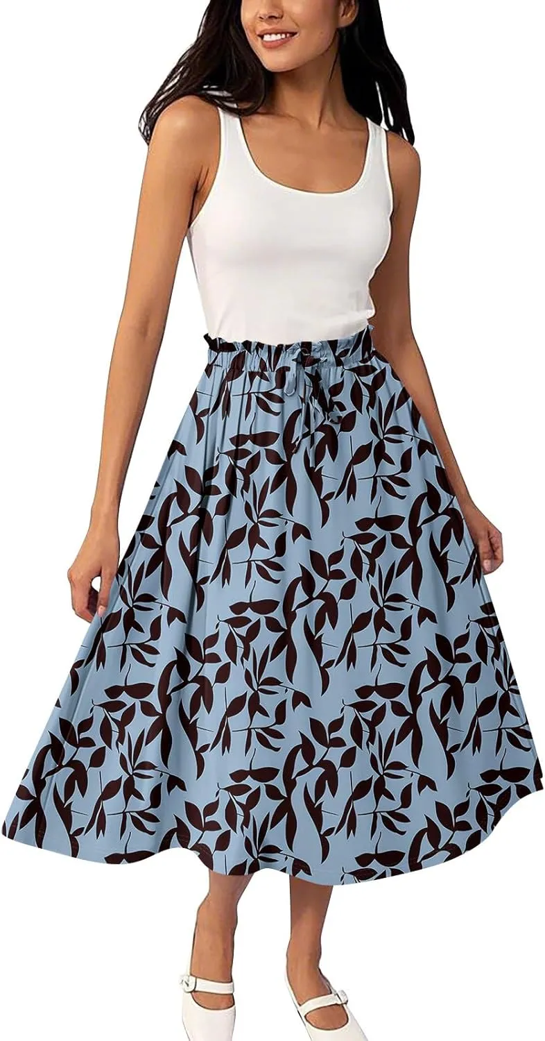 ADHOWBEW Boho Skirts for Women Cute Beach Plus Size Ruffle Trendy A Line Midi Length High Waisted Casual Flowy Spring Skirts