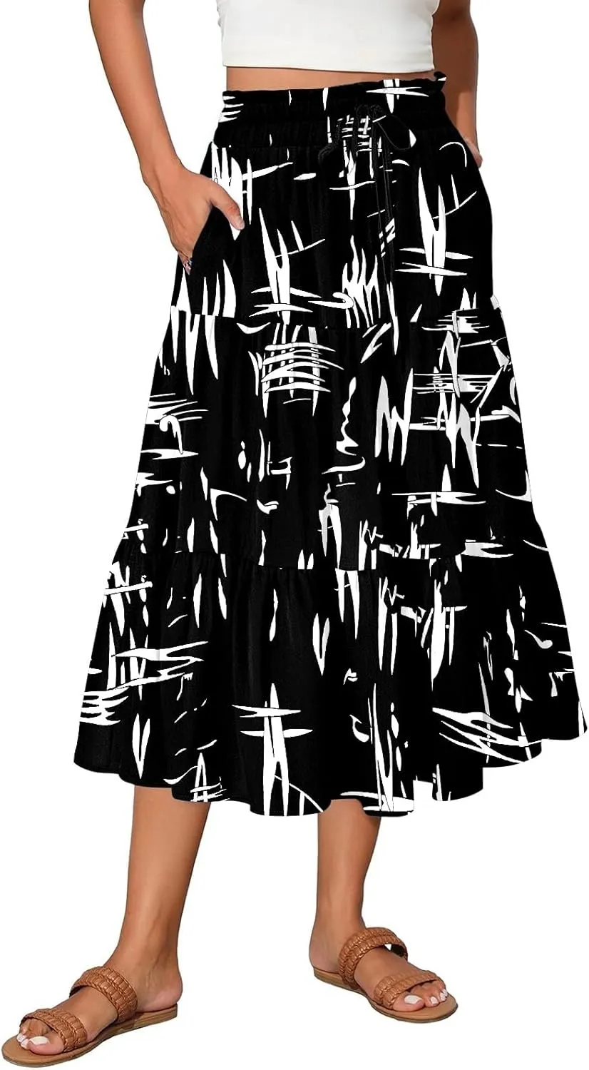 ADHOWBEW Boho Skirts for Women High Waist Casual Cotton Flowy Elastic Waist Bohemian Smocked Floral Skirts