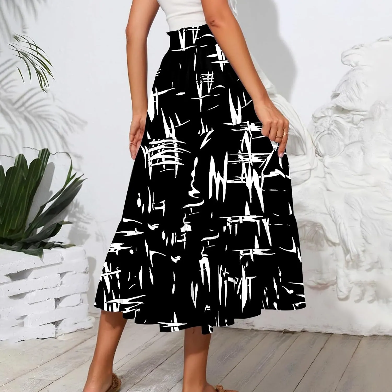 ADHOWBEW Boho Skirts for Women High Waist Casual Cotton Flowy Elastic Waist Bohemian Smocked Floral Skirts