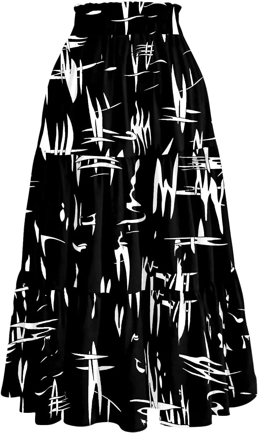 ADHOWBEW Boho Skirts for Women High Waist Casual Cotton Flowy Elastic Waist Bohemian Smocked Floral Skirts