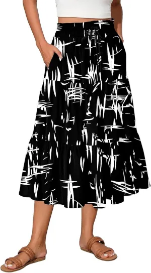 ADHOWBEW Boho Skirts for Women High Waist Casual Cotton Flowy Elastic Waist Bohemian Smocked Floral Skirts
