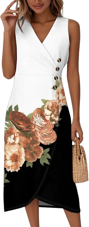 ADHOWBEW Church Dresses for Women 2025 Sexy Beach Sleeveless Party Elegant Casual V Neck Button Up Midi Dresses