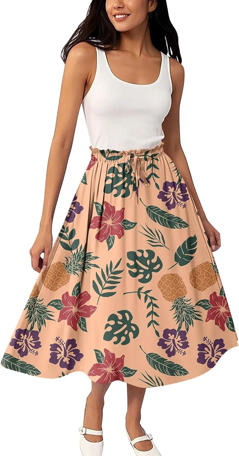 ADHOWBEW Pleated Skirts for Women Trendy Plus Size Flowy Beach Ruffle A Line Midi Length High Waisted Casual Summer Skirts