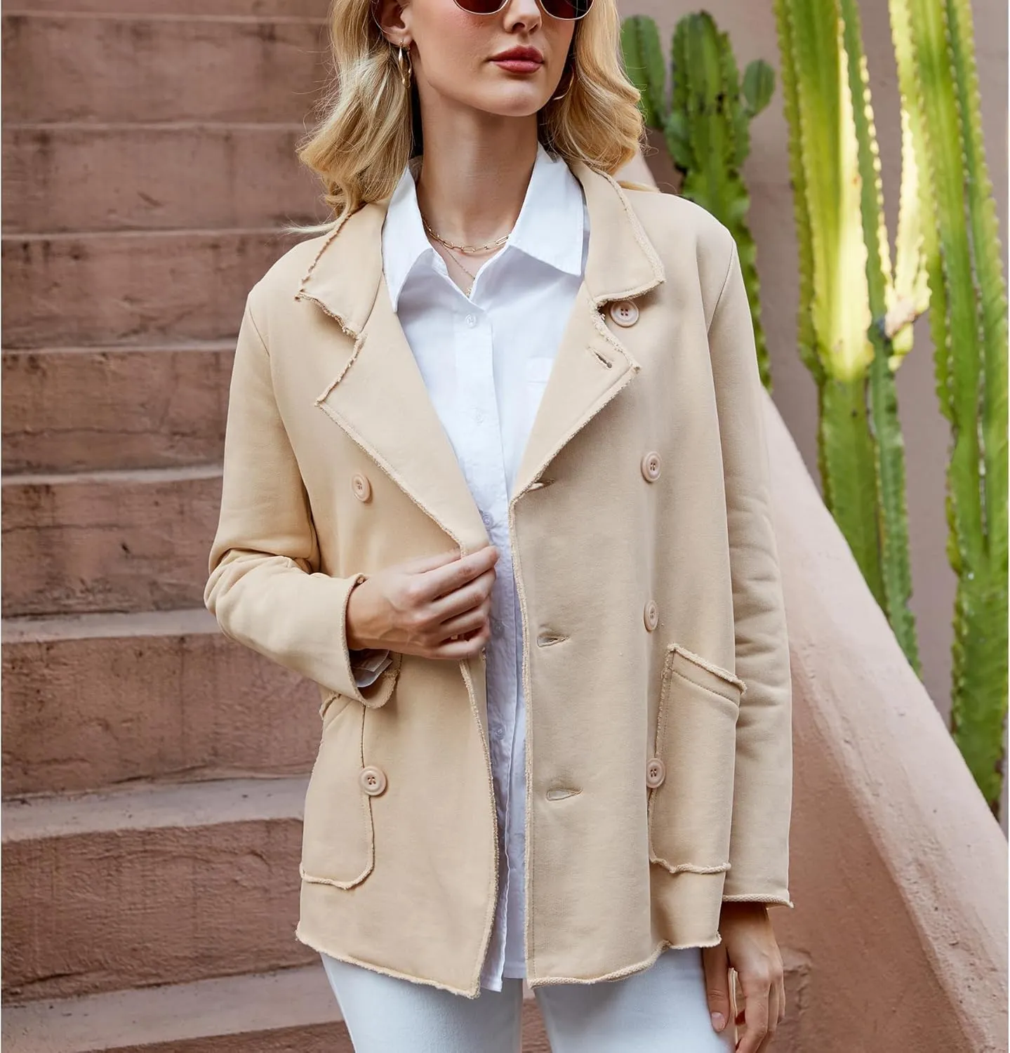 Ainangua Classic Trench Coats for Women Double Breasted Belfast Fleece Peacoat Jackets Essentials Fall Winter Coat