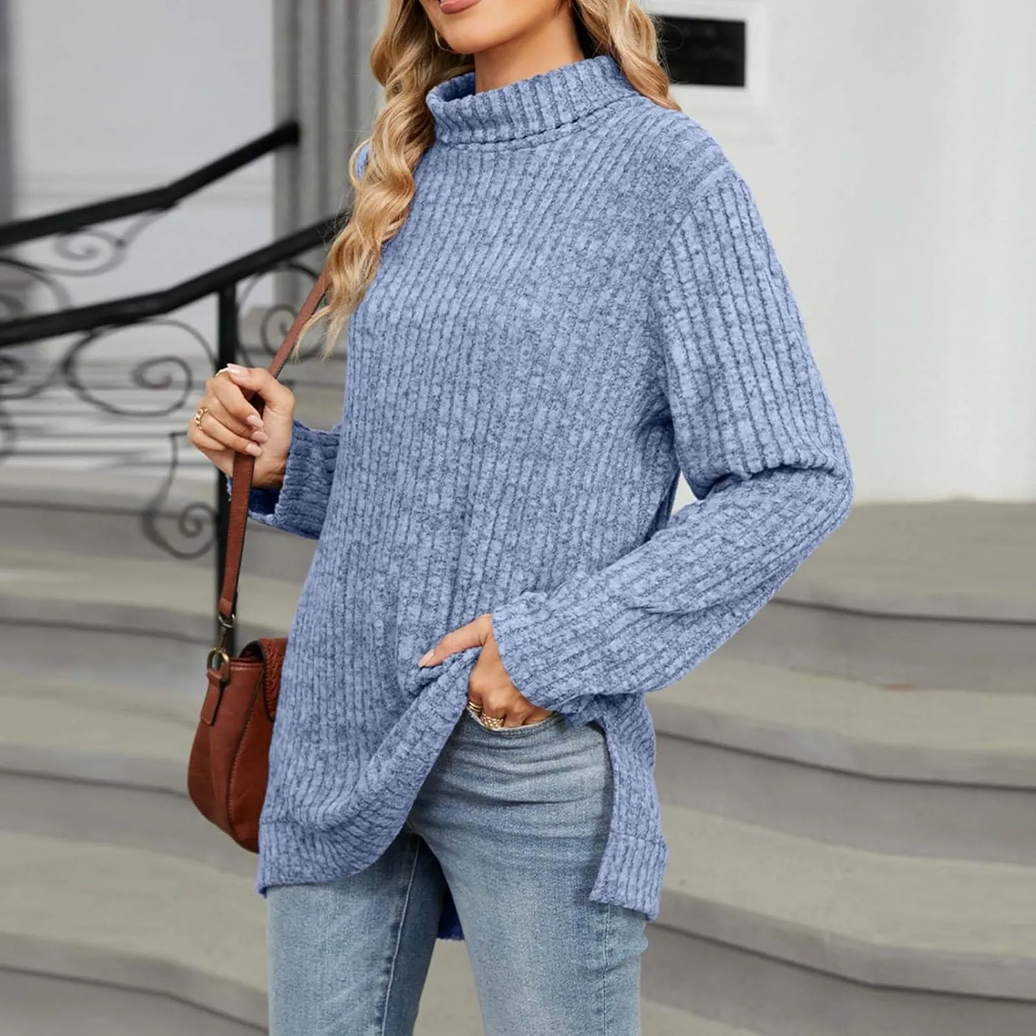 Akklian Trendy Oversized Turtleneck Sweater for Women Long Knitted Cozy Pullover Sweaters Tops 2024 Fall Winter Tunic Tops