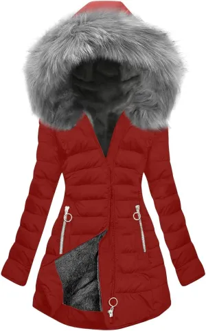 Akklian Women's Winter Fleece Snow Jacket Long Fur Puffer Coat with Faux Fur Trim Hood Winter Thicken Down Jackets Parkas