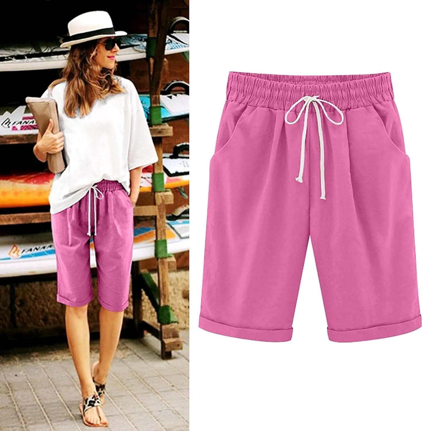 AMDBEL Linen Shorts for Women Casual Summer Long Cotton Sweat Knit Shorts Pull On Lounge Walking Lounge Shorts with Pockets