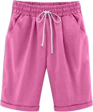 AMDBEL Linen Shorts for Women Casual Summer Long Cotton Sweat Knit Shorts Pull On Lounge Walking Lounge Shorts with Pockets