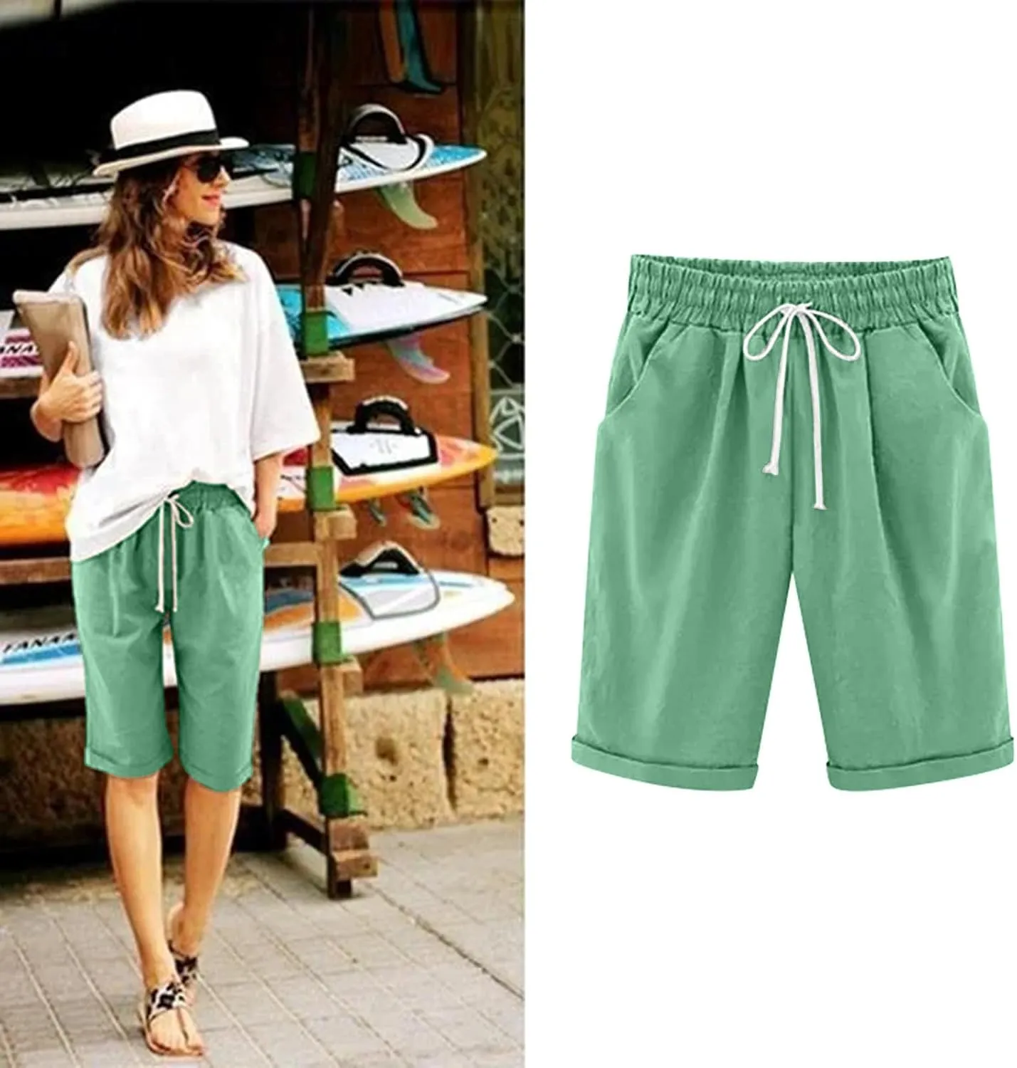 AMDBEL Womens Bermuda Shorts Plus Size Summer Sweat Shorts with Deep Pockets Cotton Shorts for Women Gym Workout