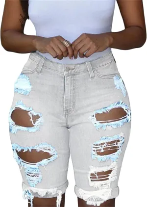 Andongnywell Women Ripped Frayed Raw Hem Denim Shorts High Rise Casual Pockets Distressed Jean Shorts Stretch Ripped Shorts