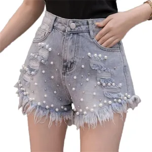 Andongnywell Women Ripped Raw Hem Summer High Rise Pearl Denim Shorts Casual Pockets Stretchy Distressed Jean Shorts