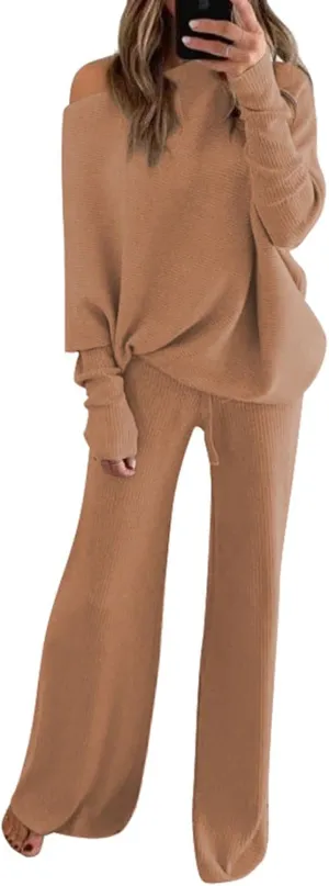 AOHITE Women's 2 Piece Knitted Outfit Pullover Sweater Top And Wide Leg Pant Set Camel Large