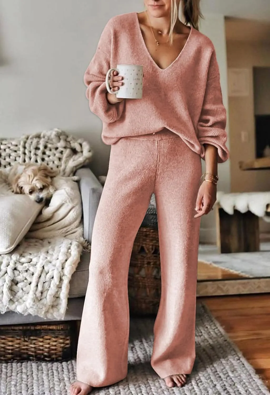 AOHITE Womens 2 Piece Outfits Casual V-neck Knit Pullover Sweater Wide Leg Pants Sleepwear Loungewear Set