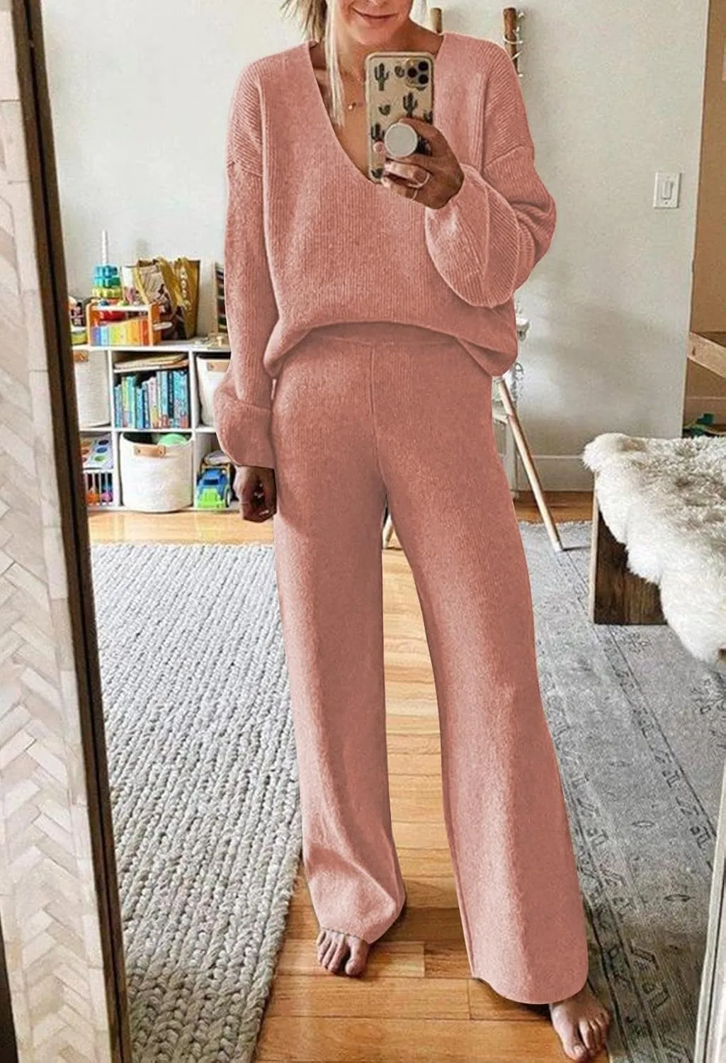 AOHITE Womens 2 Piece Outfits Casual V-neck Knit Pullover Sweater Wide Leg Pants Sleepwear Loungewear Set