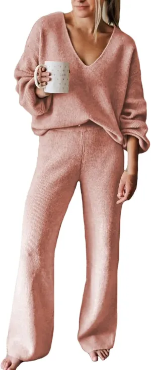AOHITE Womens 2 Piece Outfits Casual V-neck Knit Pullover Sweater Wide Leg Pants Sleepwear Loungewear Set