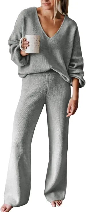 AOHITE Womens Knit Sweater Pajamas Set V-neck Pullover Tops Wide Leg Pants Sleepwear Loungewear Outfits Light Grey Small