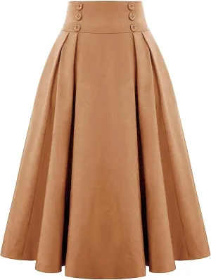 BAXLIMEK Pleated Skirts for Women,2025 Spring Summer Elegant Button High Waist A-Line Midi Skirts,Flowy Swing Boho Skirts