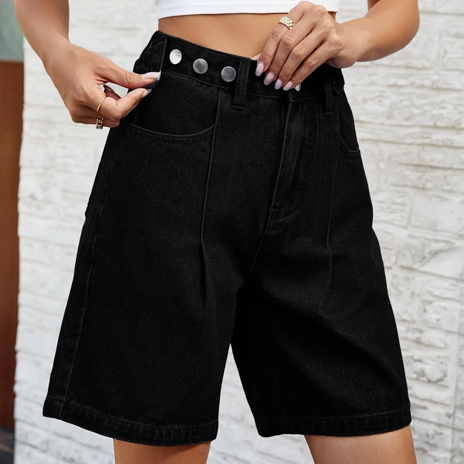 Bermuda Jean Shorts for Women Adjustable Button High Waisted Stretchy Loose Fit Trendy Casual Denim Short with Pockets