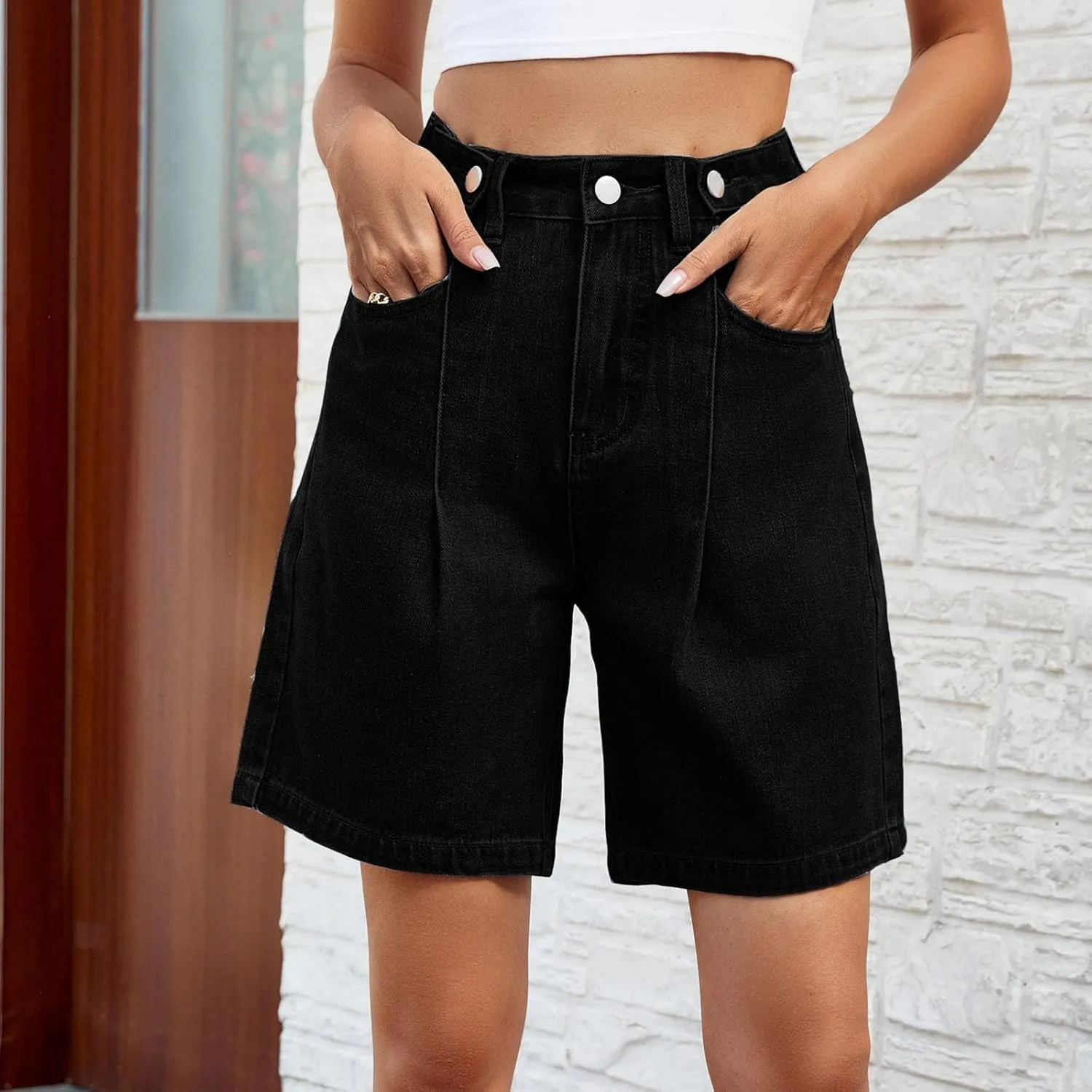 Bermuda Jean Shorts for Women Adjustable Button High Waisted Stretchy Loose Fit Trendy Casual Denim Short with Pockets