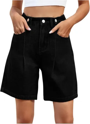 Bermuda Jean Shorts for Women Adjustable Button High Waisted Stretchy Loose Fit Trendy Casual Denim Short with Pockets