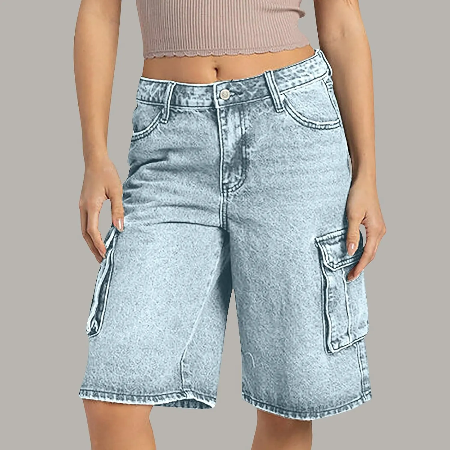 Bermuda Jean Shorts for Women Cargo Style High Waisted Stretchy Loose Fit Trendy Casual Denim Short with Pockets