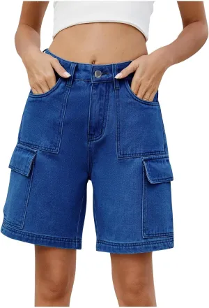 Bermuda Jean Shorts for Women Cargo Style High Waisted Stretchy Loose Fit Trendy Casual Denim Short with Pockets