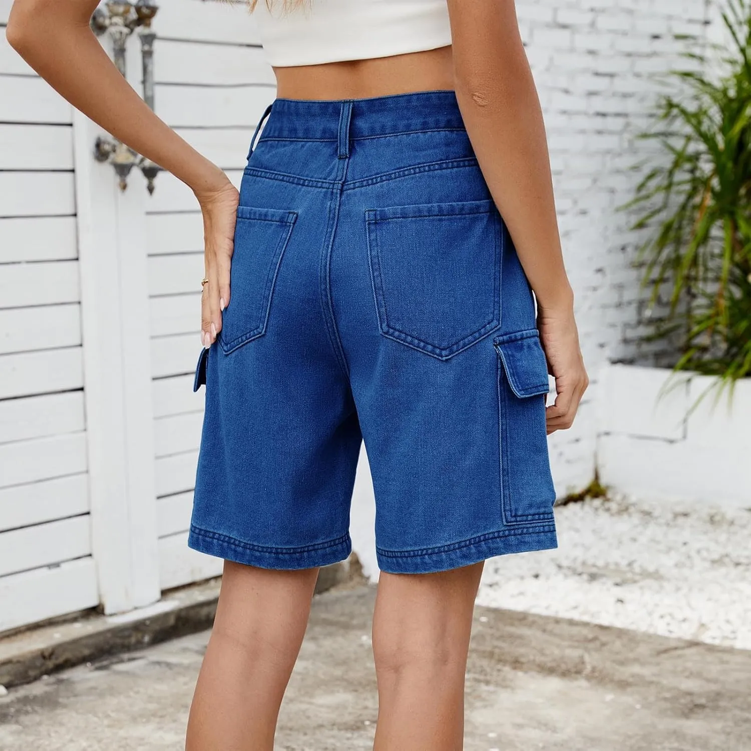 Bermuda Jean Shorts for Women Cargo Style High Waisted Stretchy Loose Fit Trendy Casual Denim Short with Pockets