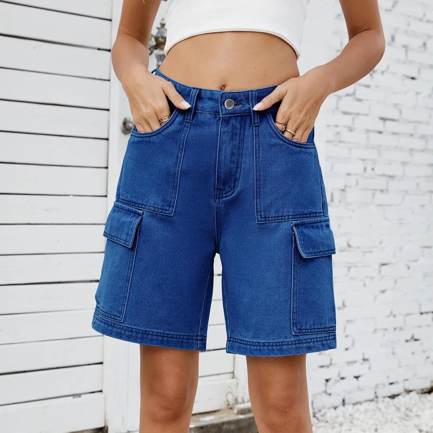 Bermuda Jean Shorts for Women Cargo Style High Waisted Stretchy Loose Fit Trendy Casual Denim Short with Pockets